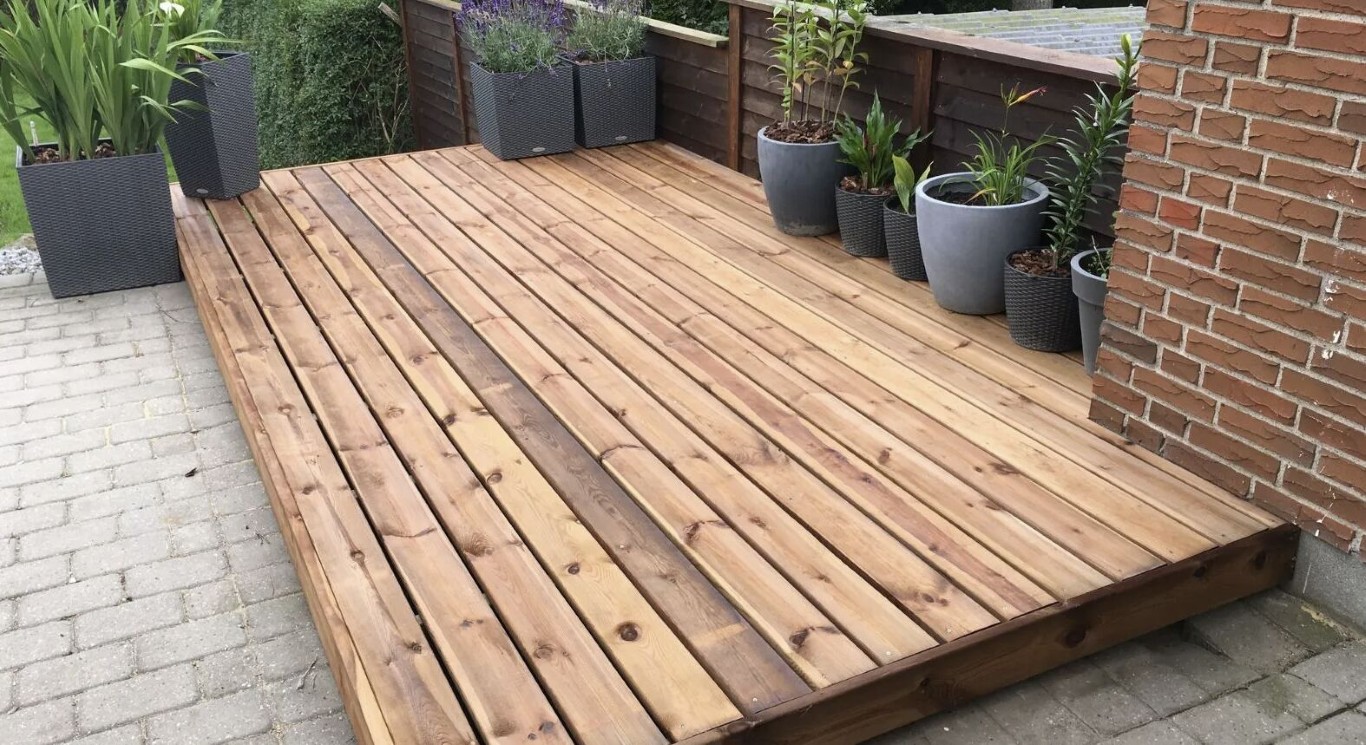 Natural wood deck installation with curved edges in Hawthorne backyard